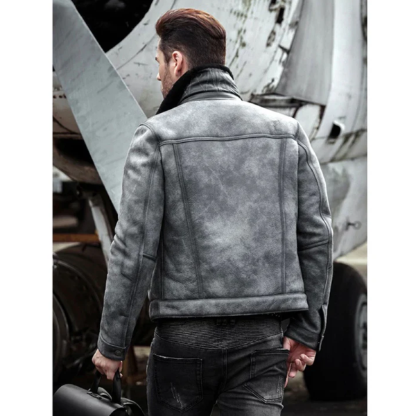 Men's Lambskin Shearling Aviator Bomber Leather Jacket - Image 2